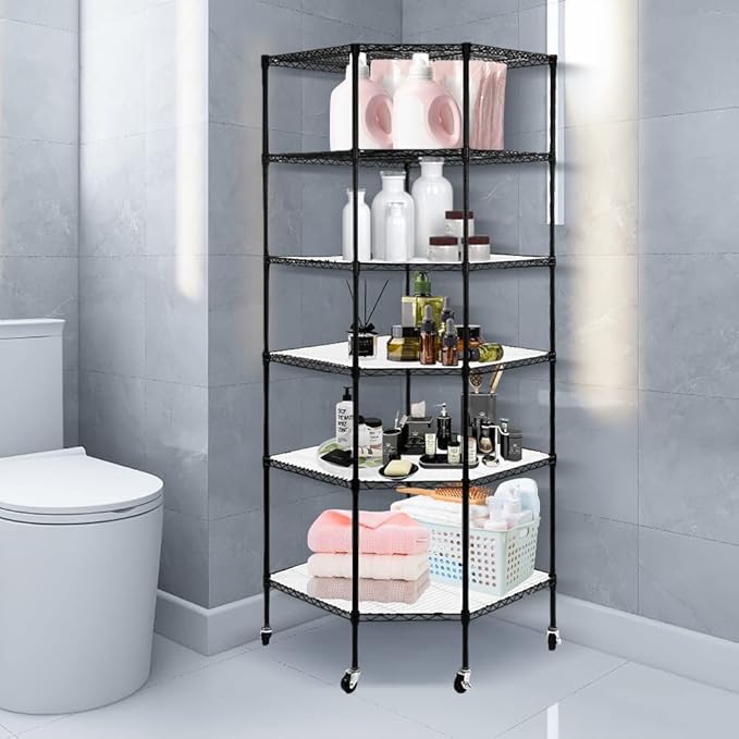 6 Tier Corner Wire Shelving Unit, Adjustable Wire Shelf with Wheels, Metal Storage Shelves and Racks for Kitchen, Bathroom, Laundry, Pantry, Closet (27" D x 27" W x 71" H, Black)