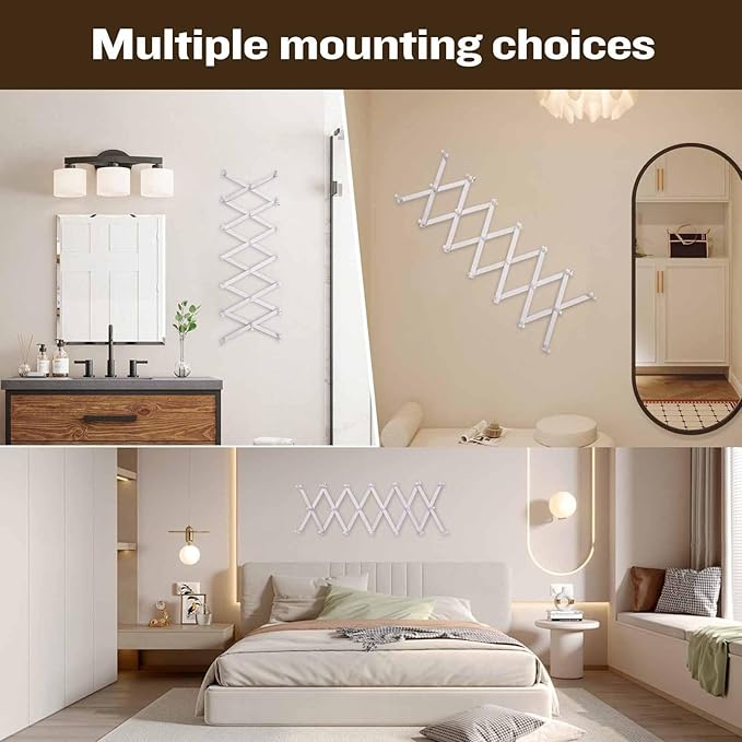 Accordion Wall Hanger with 20 Hooks, Wooden Wall Expandable Coat Rack for Coat, Hats, Baseball Caps, Coffee Mug, Jewelry(Ruist White)-NeatNest