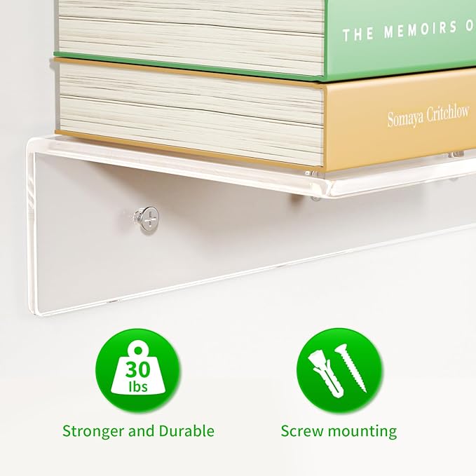 FEMELI 2 PCS 24" Acrylic Floating Shelves, Clear Shelf for Display, Plant, Perfume, Book in Bedroom Living Room Office, 5mm Thick Wall-Mounted Acrylic Shelves for Wall
