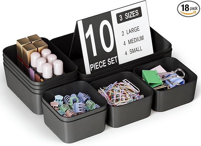 Plastic Drawer Organizers, 10 PCS Drawer Organizer Bins, Bathroom and Vanity Organizer Plastic Tray, Makeup organizer and storage for Makeup, Bedroom, Kitchen Gadgets Utensils and Office (Black)-NeatNest