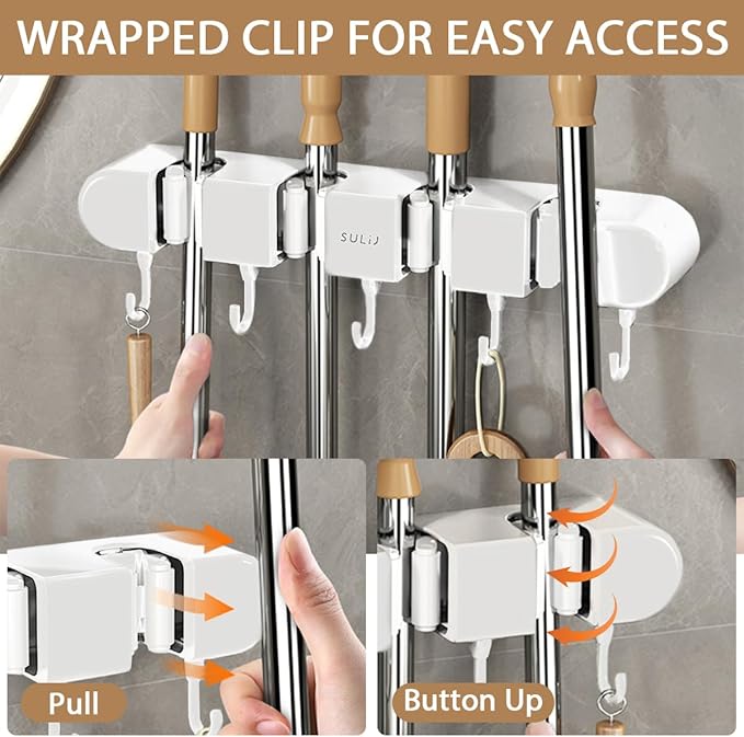2Pcs Mop Holder with Hooks Wall Mounted Mop and Broom Holder Punch Free Broom Organizer Space Saving Broom Hanger Mop Clip Holder Hanging Mop and Broom Storage for Bathrooms Home,White (2)