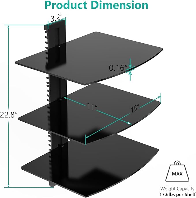 WALI Floating Entertainment Center Shelves, Holds Up to 17.6lbs, TV Shelf with Strengthened Tempered Glasses for DVD Players, Cable Boxes, Games Consoles, TV Accessories (CS303B), 3 Shelf, Black