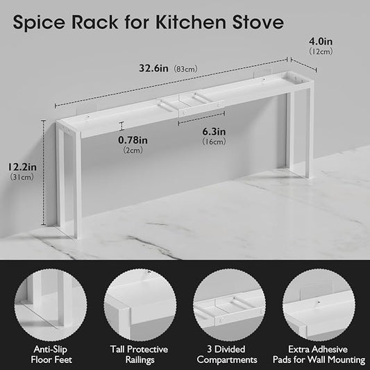 Bumusty Spice Rack Shelf for Kitchen Stove, 32" Adjustable Oven Spice Rack, Seasoning Organizer Kitchen Shelves,White-NeatNest