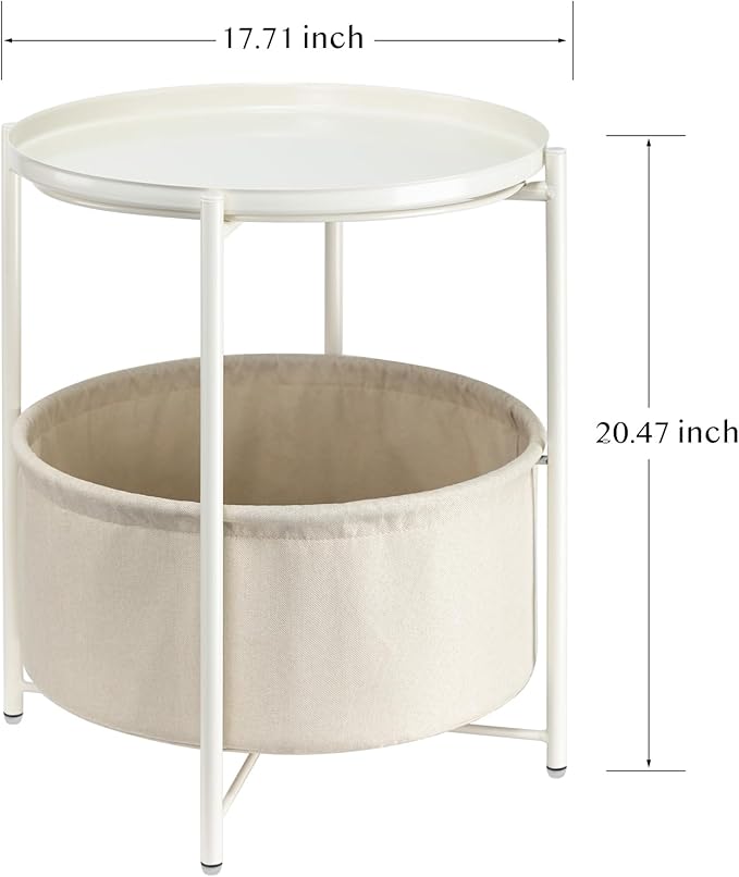 danpinera Round Side Table with Fabric Storage Basket, Metal Side Table Small Bedside Nightstand with Removable Tray Top for Living Room, Bedroom, Nursery, Laundry, White-NeatNest