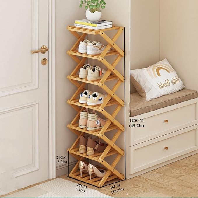 Shoe Rack, Bamboo Foldable Shoes Organizer Free Standing Shelf for Entryway, Closet, Bedroom, Hallway, | Natural | Functional | Multifunctional Shoe Rack (Wood Color) 7 Layers-NeatNest