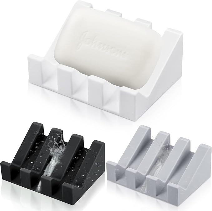 Cunhill 3 Pieces Silicone Soap Dish Self Draining Soap Dish Shower Waterfall Bar Soap Holder Tray with Drain Soap Saver for Kitchen Bathroom Accessories (Light Gray,Bright White,Black)-NeatNest