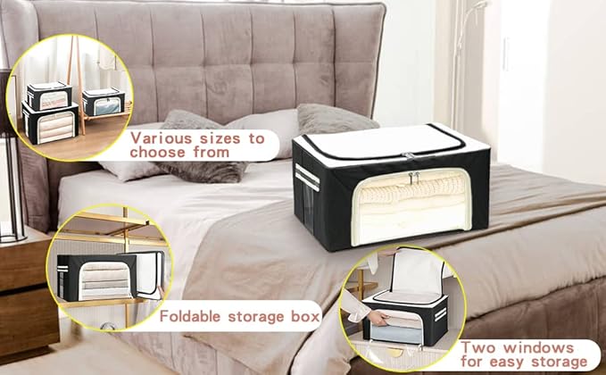 Stackable Clothes Storage Box for Clothing Gadgets,Steel Frame Storage Bins for Toys Gift,Foldable Oxford Fabric Closet Organizer Bag Set w/Carry Handles Clear Window (Small- 22L x3 Pack, Black)-NeatNest