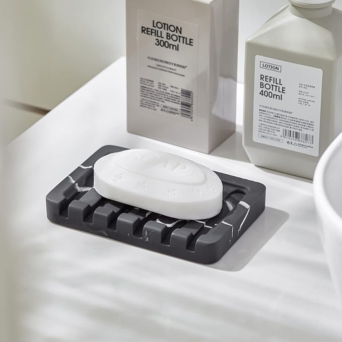 2PCS Self Draining Soap Dish - Marble Look Soap Holder Tray Savers Box Container Sponge Holder for Bathroom Shower Kitchen, Black-NeatNest