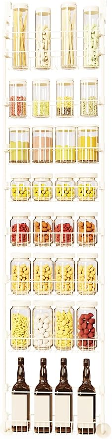 Over The Door Pantry Organizers, Pantry Door Organizer and Storage with Adjustable Baskets,Heavy-Duty Metal Spice Rack,Over The Door Organizers for Kitchen,Bathroom (White, 8tier)