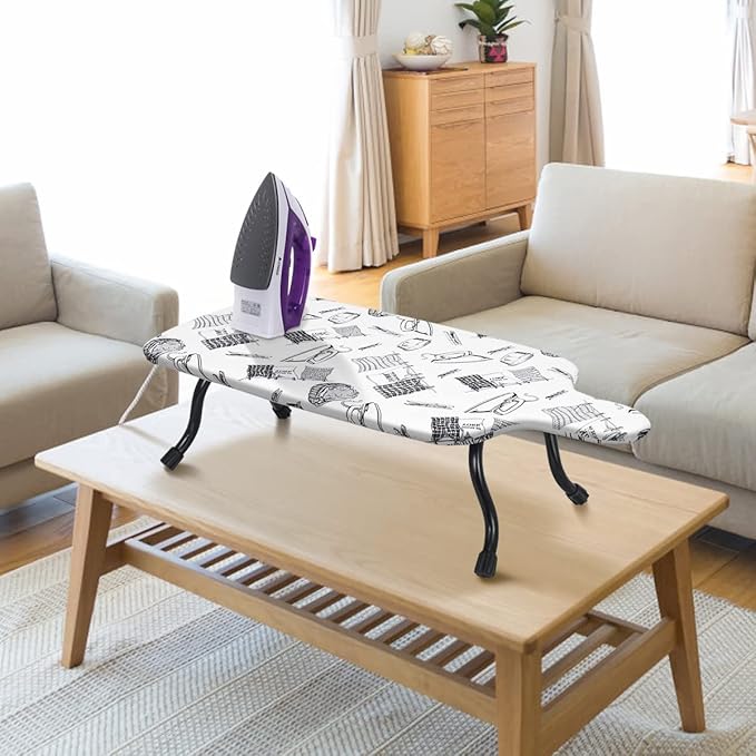 Duwee 15"x30" Table Top Ironing Board Extra Wide with Anti-Rust Hanging Hook and Removable Washable Cotton Cover, Steel Mesh Top Ironing Boards with 10mm Thicken Double Layers Feltpad and Foam,White