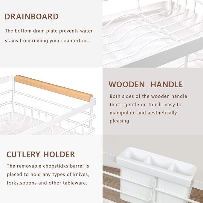 BRIAN & DANY Dish Drying Rack, Dish Racks for Kitchen Counter, Stainless Steel Dish Drainer with Removable Cutlery Holder & Drainboard, White