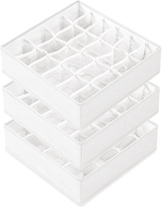 Criusia 3 Pack Sock Underwear Drawer Organizer Dividers, 64 Cell Fabric Foldable Cabinet Closet Organizers and Storage Boxes for Storing Socks, Panties, Ties (16+24+24 Cell, White)-NeatNest
