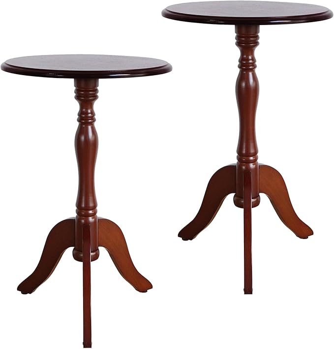 HLR Round Small End Table Set of 2, Wooden Pedestal Side Coffee Table, 2pcs Vintage Accent Nightstand for Living Room, Bedroom, Entryway, Dark Brown