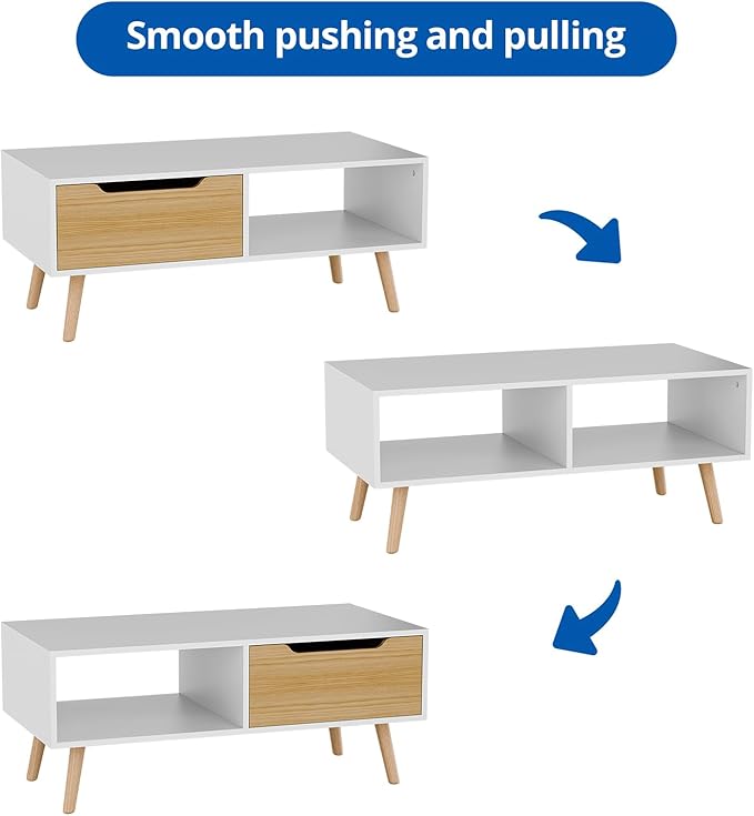 Cozy Castle Modern Coffee Table, Wooden Cocktail Table with Storage, Minimalist Hallway Table, Mid Century Modern Coffee Table for Living Room Apartment Reception, White-NeatNest