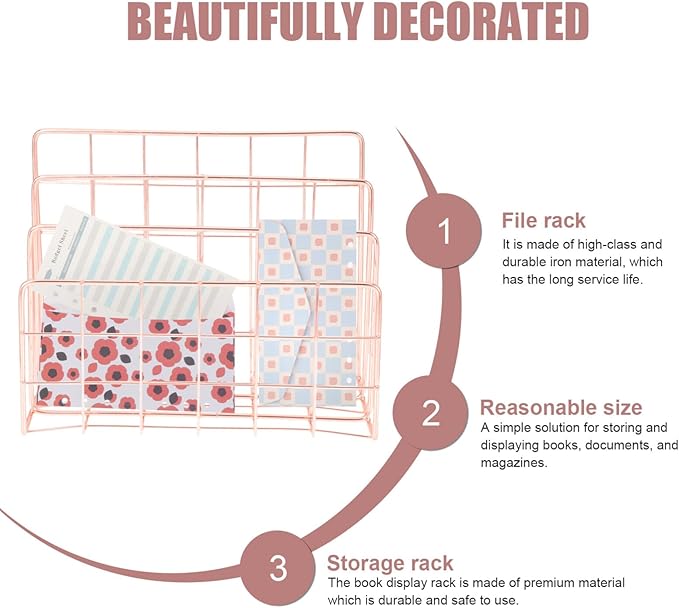 File Holder for Desk: Magazine Holder 3 Slots Desktop File Sorter Organizer for Office Desk Accessories Rose Gold