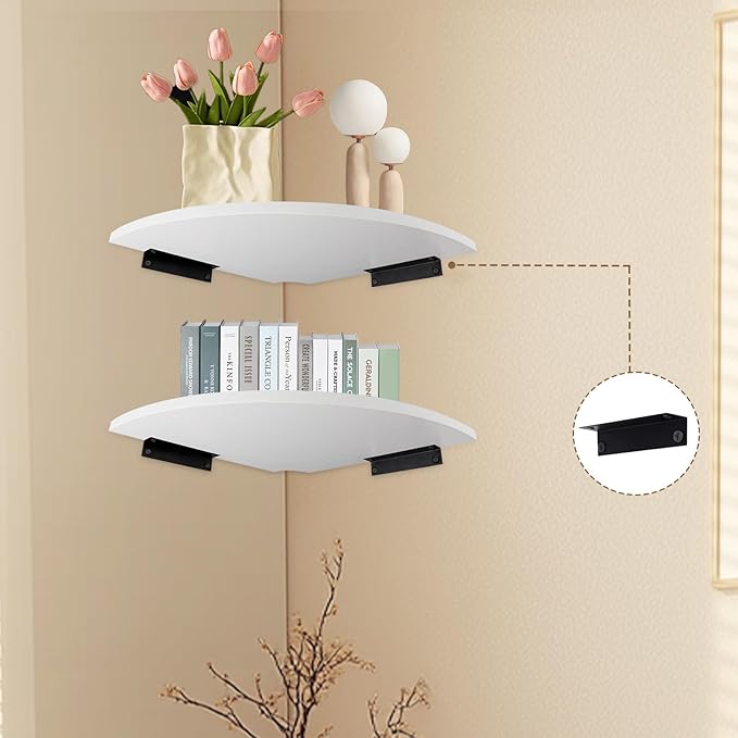 JJL Corner Shelf, 12-Inch Sector Wall Shelf, Set of 2 Wooden Hanging Shelves with Wire Hole for Bedroom Corner Decoration, White-NeatNest