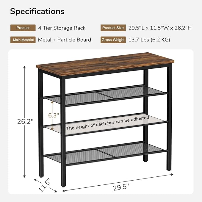 Shoe Rack, 4-Tier Shoe Storage Organizer with 3 Metal Mesh Shelves for 12-16 Pairs, Free Standing Shoe Racks, for Entryway, Hallway, Closet, Dorm Room, Industrial, Rustic Brown-NeatNest