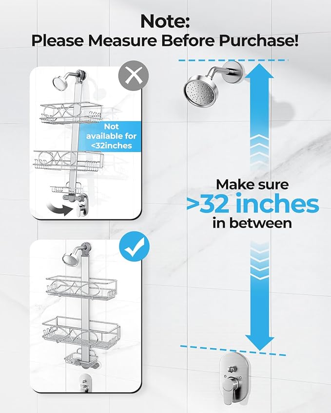 ODesign 2 Tier Stainless Steel Anodized Aluminum,Height-Adjustable Rustproof Shower Caddy Hanging Anti-Swing-Over The Shower Head Caddy-Bathroom Showe r Storage Organizer With Soap Box Holder- Sliver