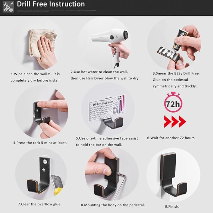 BESy Brass Clothes Hook Single Towel Hook for Bathroom Kitchen Garage Square Style Robe Hooks Coat and Hat Hook, Self Adhesive with Glue or Wall Mounted with Screws, Oil Rubbed Bronze-NeatNest