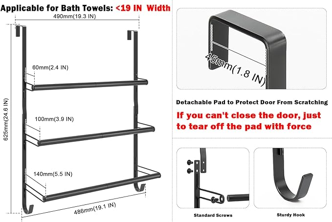 Livabber 3-Tier Over The Door Towel Rack, All Metal Towel Rack with Hooks for Door Hanging, Behind Door Towel Bar Towel Storage Holder for Bathroom Accessories, 19.37" L x 5.9" Wx 24.4" H(Black)
