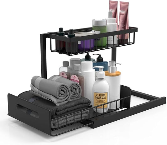 bukfen Under Sink Organizer, Pull Out Cabinet Organizer 2-Tier Slide Out Sliding Shelf Under Cabinet Storage Multi-Use for Under Kitchen Bathroom Sink Organizers and Storage ,2 Pack-NeatNest