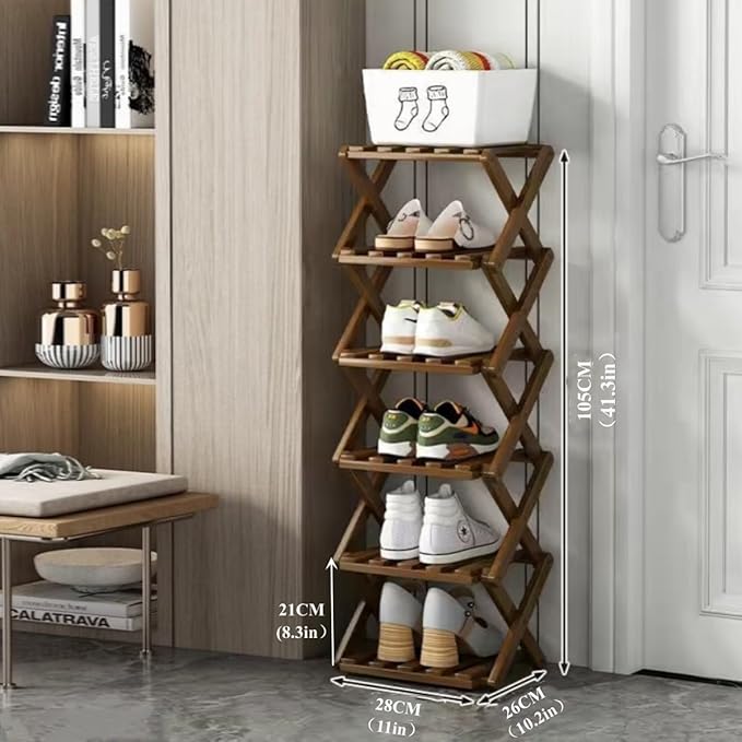 Shoe Rack, Bamboo Foldable Shoes Organizer Free Standing Shelf for Entryway, Closet, Bedroom, Hallway, | Natural | Functional | Multifunctional Shoe Rack (Brown Color) 6 Layers-NeatNest