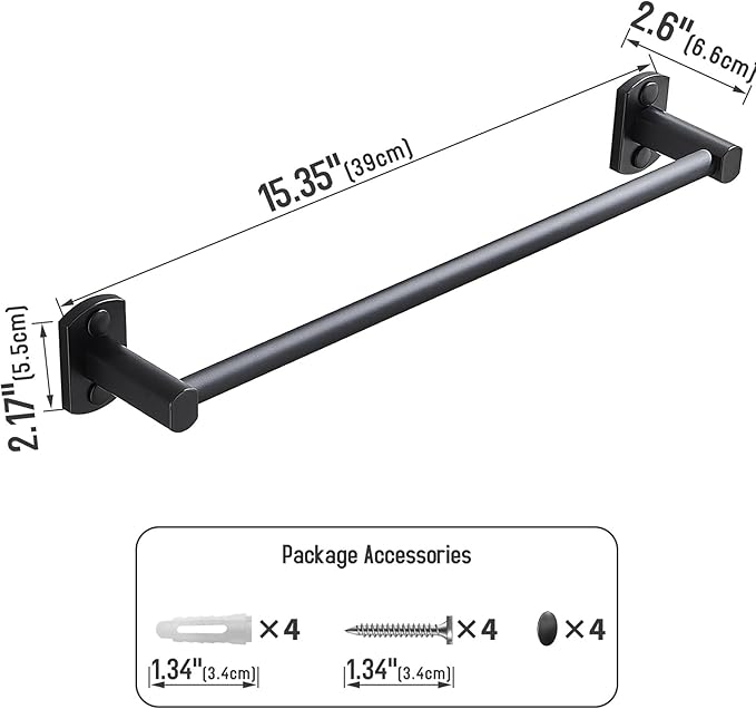 Black Towel Bar, Hand Towel Rack for Bathroom Wall Mounted Towel Hanger, Kitchen Bath Towel Holder, Toilet Towel Rod, 16 Inch