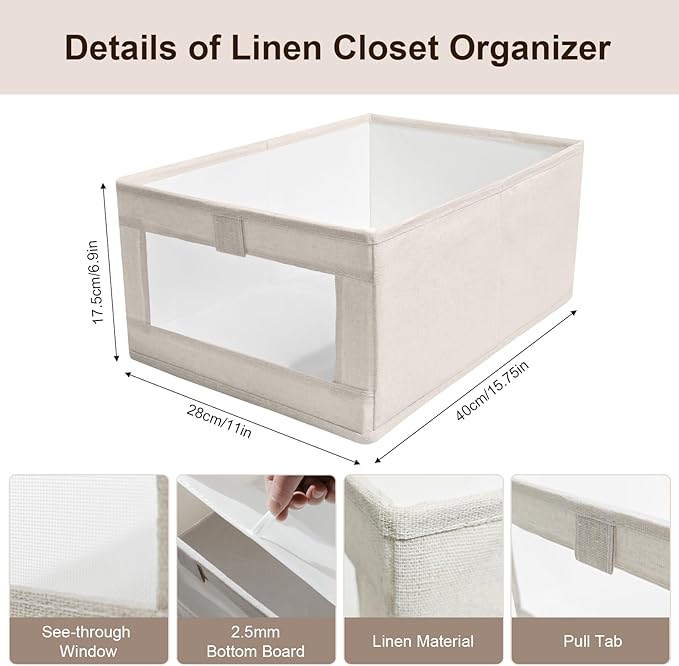 4 Pack Linen Closet Organizers and Storage, Closet Storage Bins Linen Closet Baskets for Closet Organization Foldable Closet Organizer Bins with Clear Window for Organizing Clothing, Beige-NeatNest