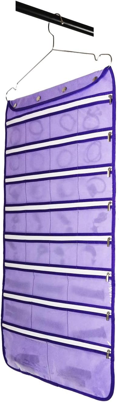 Dual Sided Hanging Jewelry Organizer with Hanger for Closet Necklace Earrings Bracelet Ring Travel Holder (56 Zippered Clear Pockets Purple)-NeatNest