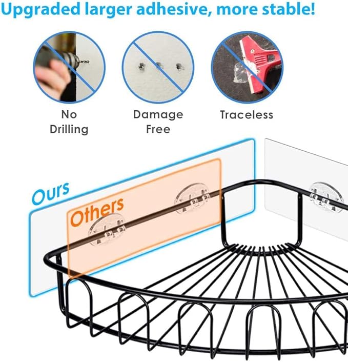 Orimade Corner Shower Caddy Stainless Steel with Hooks Wall Mounted Bathroom Shelf Storage Organizer Adhesive No Drilling 2 Pack, Black Only for 90-Degree Corner