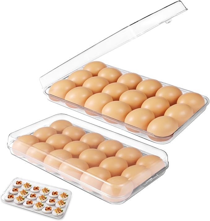 Egg holder for fridge - deviled egg containers with lid, Clear Stackable Plastic Egg Holder, Space-Saving 18 Egg refrigerator Organizer (Clear, Pack of 02)