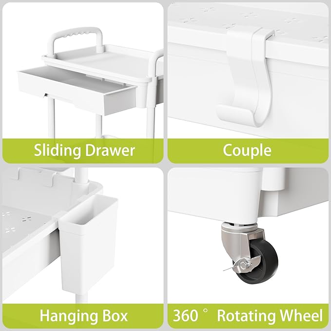 3 Tier Rolling Cart Organizer,Laundry Room Bathroom Organizers and Storage Office Shelves Mobile Shelving Unit Kitchen Trolley Cart with Wheels for Art,Craft,Diaper,Bedside,Snack(White)-NeatNest