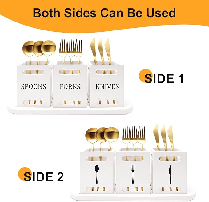 Ayiaren Wooden Flatware Silverware Caddy White Cutlery Holder with Wood Tray Utensils Holder for Kitchen Counter Wood Silverware Organizer for Table Countertop Knife Fork and Spoon Holder for Party-NeatNest