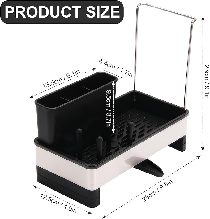 Dish Sponge Holder - Stainless Steel & PP Sink Caddy, 360° Rotatable Self-draining, Space-Saving Kitchen Sink Organizer with Removable Dish Cloth Rack (Black)-NeatNest