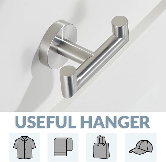 APLusee Bath Towel Hook, 304 Stainless Steel Double Robe Hanger Brushed Nickel, Functional Home Organizer Wall Mounted