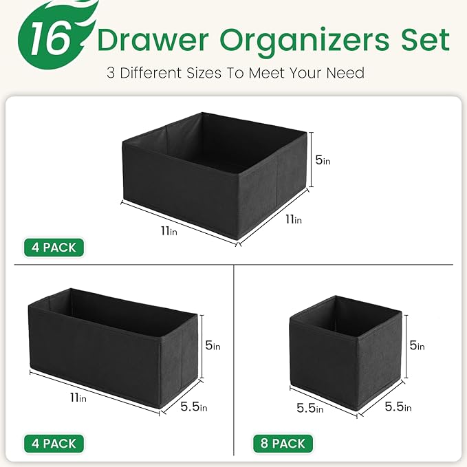 Criusia 16 Pack Underwear Drawer Organizer, Drawer Organizer Clothes, Foldable Cloth Storage Box Closet Dresser Drawer Divider Organizer for Clothes, Scarves (Black)-NeatNest