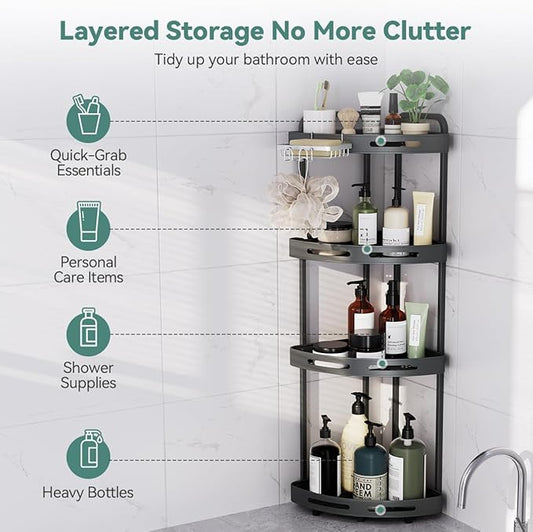 Corner Shower Caddy Stand, 4 Tier Rustproof Standing Shower Organizer with Soap Holder, Aluminum Shower Shelf for Bathroom Storage, Gray-NeatNest