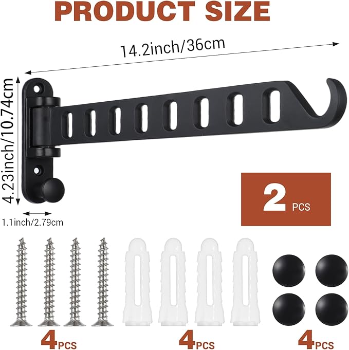 2 Pack Swing Arm Clothes Hanger Rack Wall Mount, Laundry Room Drying Rack with Swing Arm, 8 Holes and 180°Rotation, Swing Away Hanger Rack, Sturdy Hanging, Solid Aluminum (Black)-NeatNest