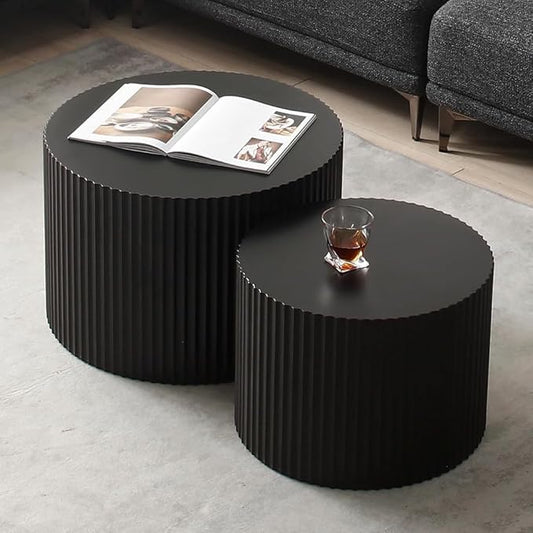 Black Nesting Coffee Table Set of 2 Modern Round Fluted Coffee Table Small Round End Table Side Table Circular Coffee Tables Circle Nested Coffee Tables for Living Room (Black Large)-NeatNest