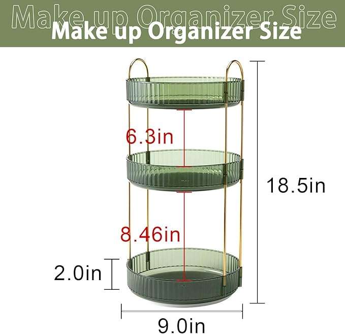 Rotating Makeup Organizer for Vanity, High-Capacity Skincare Clear Make Up Storage Perfume Organizers Cosmetic Dresser Organizer Countertop 360 Spinning (Green, 3 Tier)-NeatNest