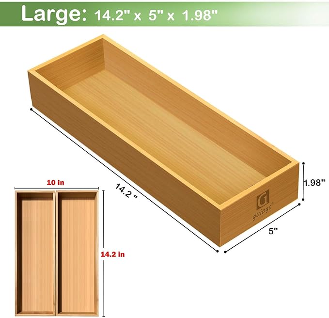Bamboo Drawer Silverware Organizer, Silverware Tray, Flatware Organizer, Bamboo Storage Box Suitable for Office, Bathroom and other objects storage (14.2"x5"x2"-Set of 2)-NeatNest