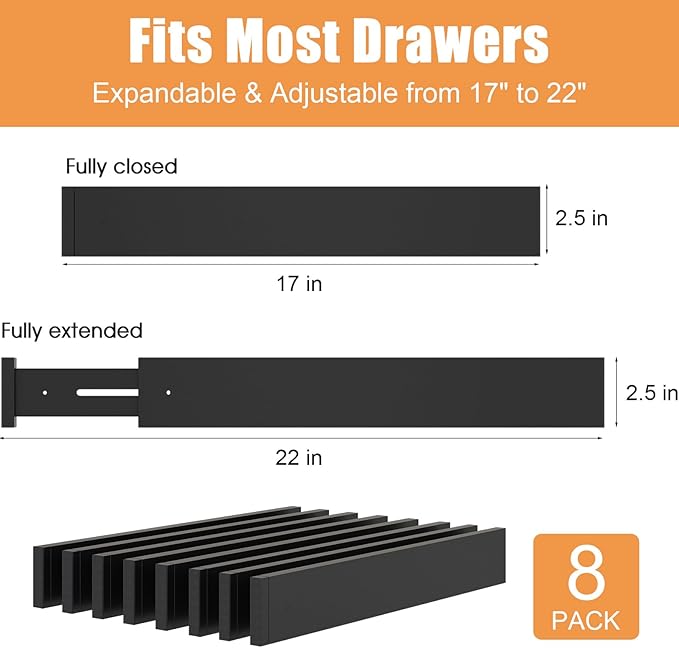 Bamboo Drawer Dividers,17-22" Adjustable Kitchen Drawer Organizer for Clothes,8 Pack Expandable Drawer Organization Separators for Bedroom,Bathroom,Dresser and Office,Black-NeatNest