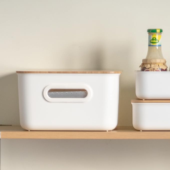 Citylife 2 PCS Storage Bins with Bamboo Lids Plastic Storage Containers for Organizing Stackable Storage Box with Handle, 15.12 x 10.67 x 5.98 inch-NeatNest