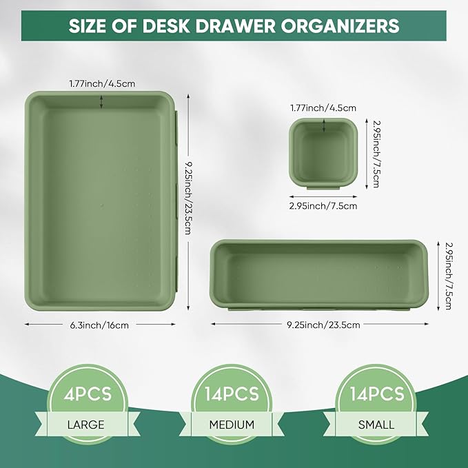 32 Pcs Desk Drawer Organizer Office Organization Tray Versatile Vanity Organizer with Nonslip Pads Makeup for Divider Drawer Storage Box Container for Kitchen Bedroom(Dark Green)
