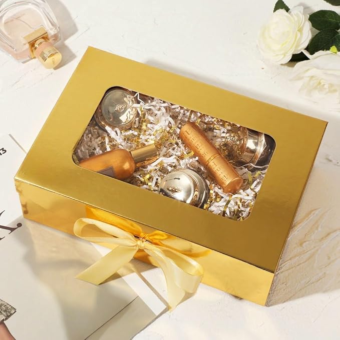 Gold Gift Box for Presents with Ribbon 10.8x7.5x3.5 Inches Clear Gift Box with Window Magnetic Closure Gift Boxes with Lids-NeatNest