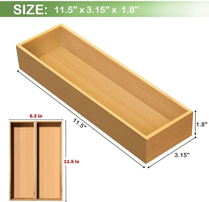 Bamboo Drawer Silverware Organizer, Flatware Organizers, Multi-purpose Bamboo Storage Box for Kitchen, Offices and Dressing table 11.5" x 3.15" x 1.8" (Set of 2)-NeatNest