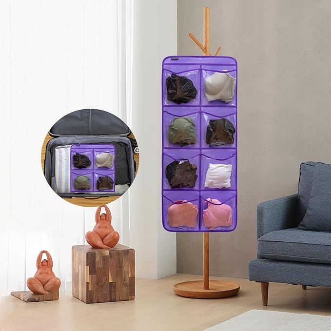 Dual-Sided Hanging Closet Organizer for Socks Underwear Bra Kids Storage Organizer for Baby Clothes Toddler Shoes with 26 Pockets (Purple-Clear Pockets)-NeatNest