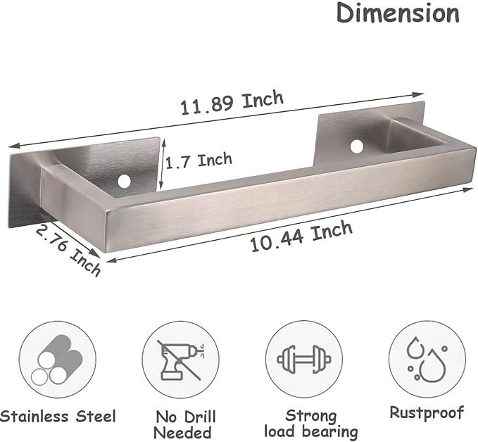 Bathroom Towel Bar Self Adhesive, No Drilling Towel Rack Easy to Install,Hand Towel Holder Made of Premium Stainless Steel Sticky on Hand Towel Hanger for Kitchen, Toilet.(12IN, Brushed)-NeatNest
