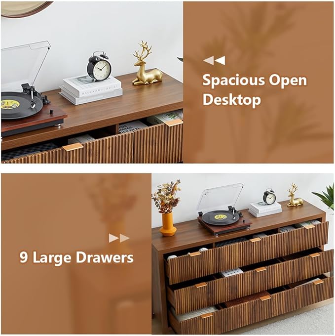 9 Drawer Dresser Cabinet, Long Nightstand with Drawers and Storage Cabinet, Farmhouse Solid Wood Dresser TV Stand, Mid Century Modern Nightstand with 9 Drawer Side Table for Bedroom Closet (Walnut)