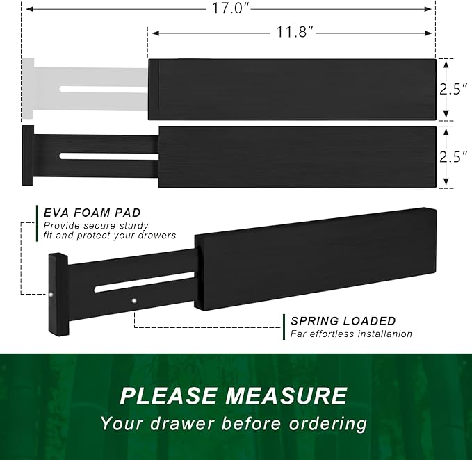 4 Pack Bamboo Drawer Dividers, Adjustable Length from 12 Inch to 17 Inch, Expandable Kitchen Drawer Organizer, Drawer Organization Separators for Clothes, Kitchen, Bedroom, Dresser, Office (Black)-NeatNest